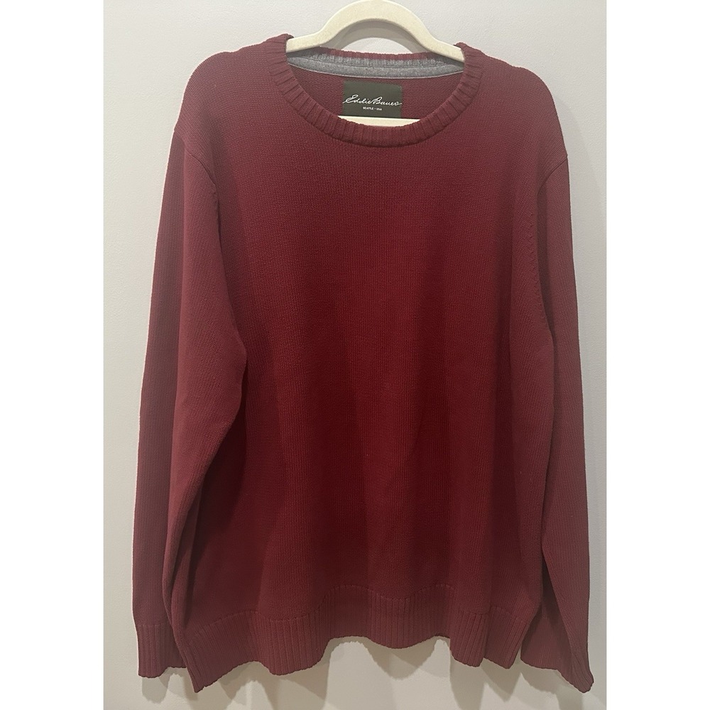 Eddie Bauer Men's TXXL Tall XXL Burgundy Heavy Cotton Crew‎ Neck Knit Sweater